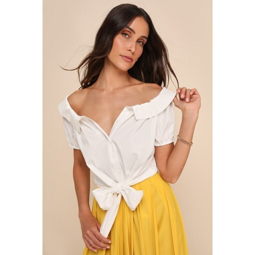 Lulus Pleasantly Perfect Ivory Off-the-shoulder Collared Tie-front Top White​​​